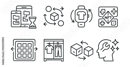 Line style icons of multiverse apps: cross-platform asset manager, multiverse item transfer, wearable compatibility icon, NFT bridge between games, shared inventory panel, universal wardrobe icon,