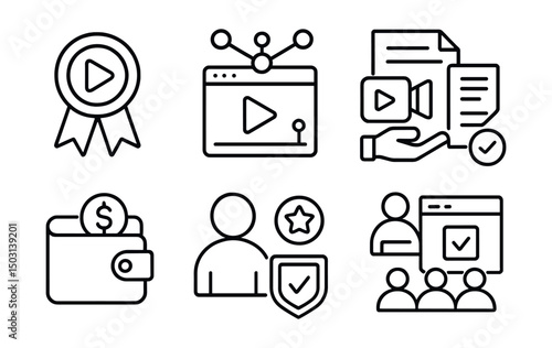 Line style icons of Web3 streaming: creator DAO badge, decentralized content curation, community-funded video project, proposal to fund series, shared creator treasury, DAO vote for featured stream,