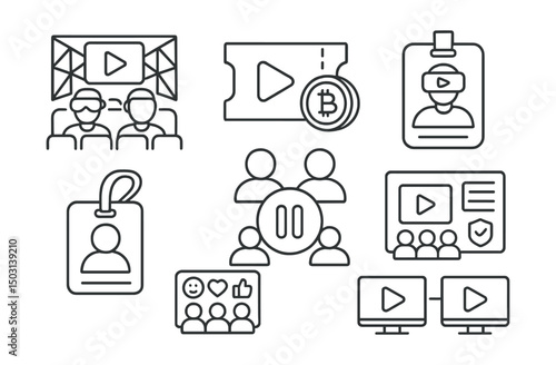 Line style icons of Web3 streaming: metaverse movie theater stream, crypto cinema ticket, virtual watch party badge, co-viewing smart contract, stream room invite pass, shared playback control icon,