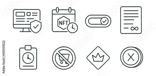 Line style icons of Web3 licensing: content license dashboard, NFT license expiration date, automatic renewal toggle, perpetual license contract, time-limited access pass, non-commercial use badge,
