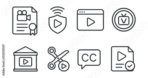 Line style icons of Web3 licensing: film and video rights contract, streaming license badge, viewing window icon, broadcast rights token, theater screening license, clip usage permission, subtitle