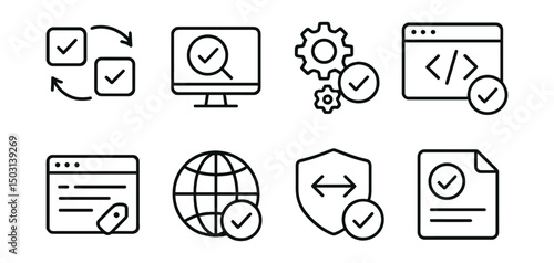 Line style icons of Web3 licensing: real-time license sync, cross-platform rights checker, license integration API, metadata sync icon, multiverse license registry, interoperability rights badge,