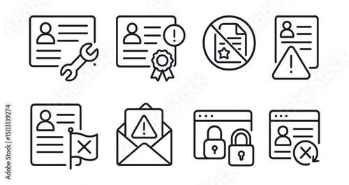 Line style icons of Web3 licensing: license revocation tool, expired rights alert, blacklisted content badge, unauthorized usage warning, contract breach flag, takedown request icon, content lockout