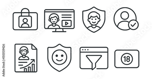 Line style icons of NFT education: parental access token, teen learner dashboard, age-appropriate course badge, guardian approval icon, youth progress report, learning safety badge, moderated lesson