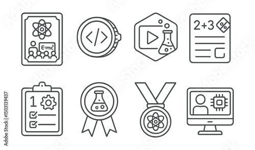 Line style icons of NFT education: STEM lesson NFT, coding tutorial token, science experiment video badge, math problem NFT card, engineering challenge tracker, lab skills assessment badge, STEM
