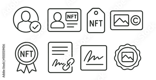 Line style icons of NFT media: author verification badge, journalist profile card, contributor NFT tag, content attribution label, verified publication token, byline smart contract, signature ID
