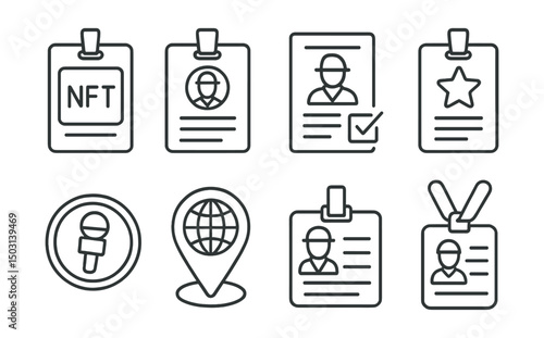 Line style icons of NFT media: press credentials NFT, digital journalist badge, field reporting tag, assignment approval form, access pass for events, interview request token, reporting location icon
