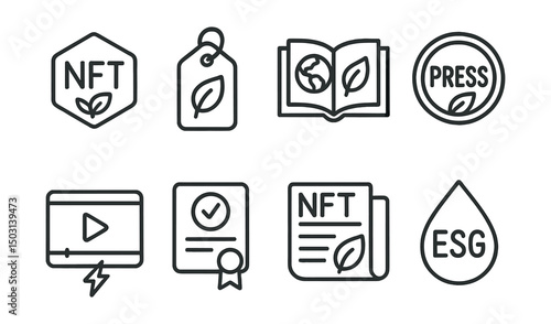 Line style icons of NFT media: eco-media NFT badge, carbon-neutral publication tag, sustainable publishing icon, green press token, low-energy media content, responsible content cert, clean NFT