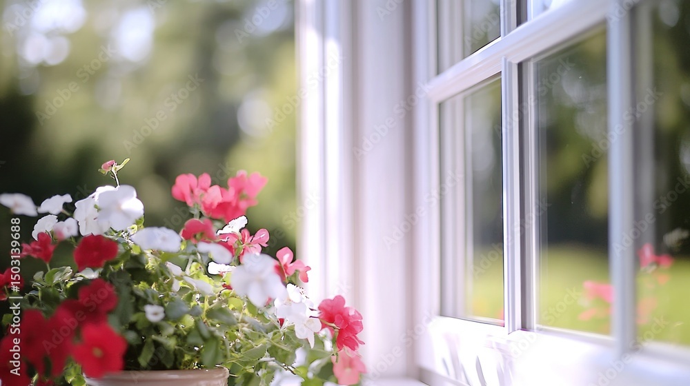 Fototapeta premium Colorful flowers in a window box near a white window.