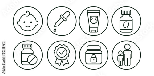 Line style icons of pharmacy (circular): baby care medicine icon, infant dropper symbol, diaper rash cream, children’s syrup ring, age-appropriate dosage icon, pediatric approval badge, child safety