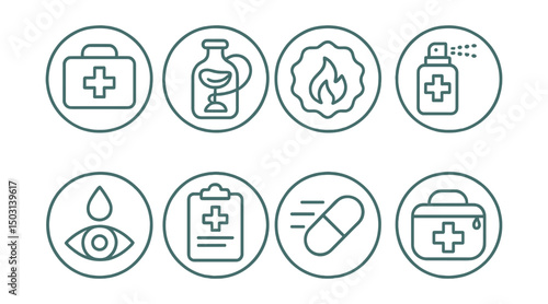 Line style icons of pharmacy (circular): emergency medicine kit, antidote vial ring, burn relief badge, wound spray icon, eye rinse drop, emergency instruction card, fast-acting pill symbol, crisis