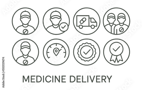 Line style icons of medicine delivery (circular): delivery service provider badge, verified courier icon, pharmacy logistics partner, delivery team avatar, courier profile badge, driver vehicle type