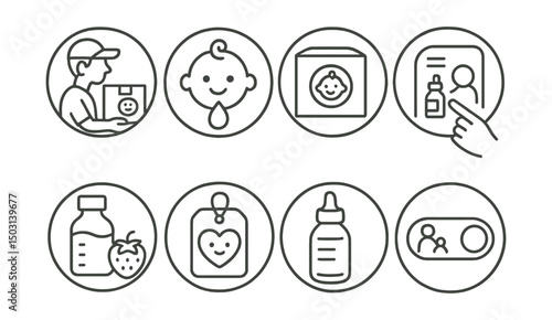 Line style icons of medicine delivery (circular): pediatric medicine delivery, baby care drop badge, kid-safe box ring, illustrated instructions icon, flavored syrup bubble, cute packaging tag, soft