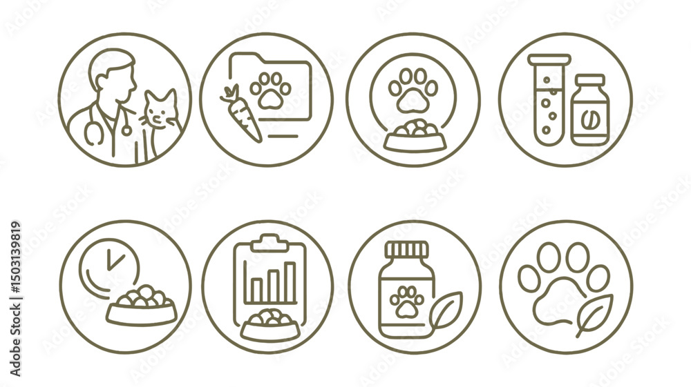 Line style icons of veterinary care (circular): animal nutrition consult, diet plan folder, weight management badge, food allergy test ring, meal schedule bubble, feeding chart icon, pet supplements Line style icons of veterinary care (circular): animal nutrition consult, diet plan folder, weight management badge, food allergy test ring, meal schedule bubble, feeding chart icon, pet supplements