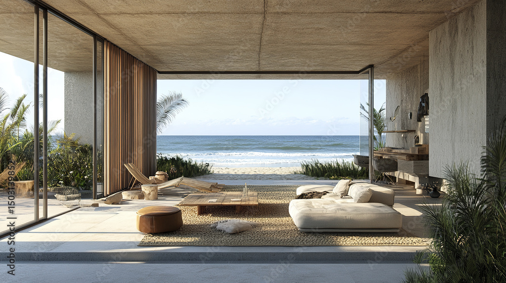 Fototapeta premium serene oceanfront property with modern interior design, featuring spacious living area
