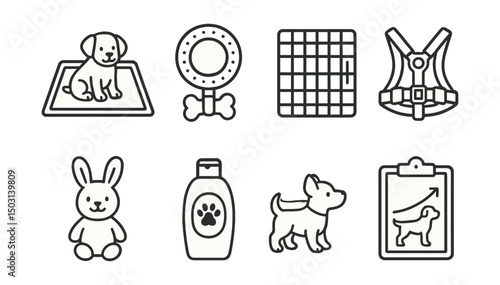 Line style icons of pet care: puppy training pad, puppy teether, crate divider, small harness, soft chew toy, baby shampoo, growth chart, puppy checklist.