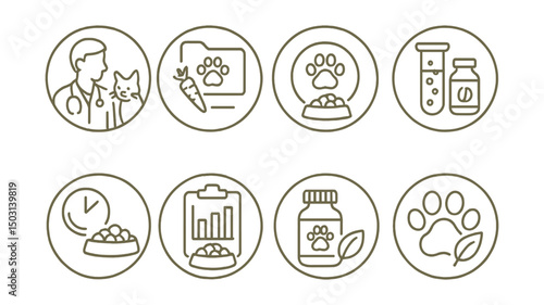 Line style icons of veterinary care (circular): animal nutrition consult, diet plan folder, weight management badge, food allergy test ring, meal schedule bubble, feeding chart icon, pet supplements