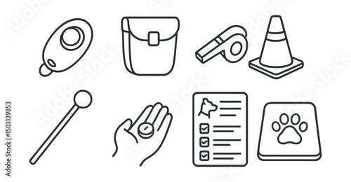Line style icons of pet care: training clicker, treat pouch, whistle, agility cone, target stick, reward hand, command chart, training mat.