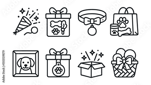 Line style icons of pet accessories: celebration toy set, gift box with treats, holiday-themed collar, new pet welcome pack, pet photo frame, custom tag gift, surprise box, toy basket with bow.