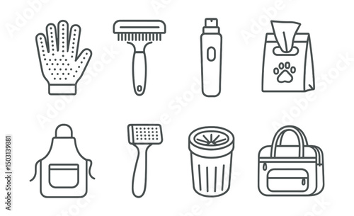 Line style icons of pet accessories: grooming glove, deshedding comb, nail grinder, tear stain wipe, grooming apron, detangling tool, paw cleaner cup, grooming organizer bag.