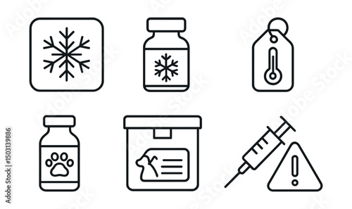 Line style icons of veterinary pharmacy: cold chain storage label, refrigerated medicine bottle, temperature-sensitive tag, insulated delivery box, vaccine vial for pets, pet immunization record,