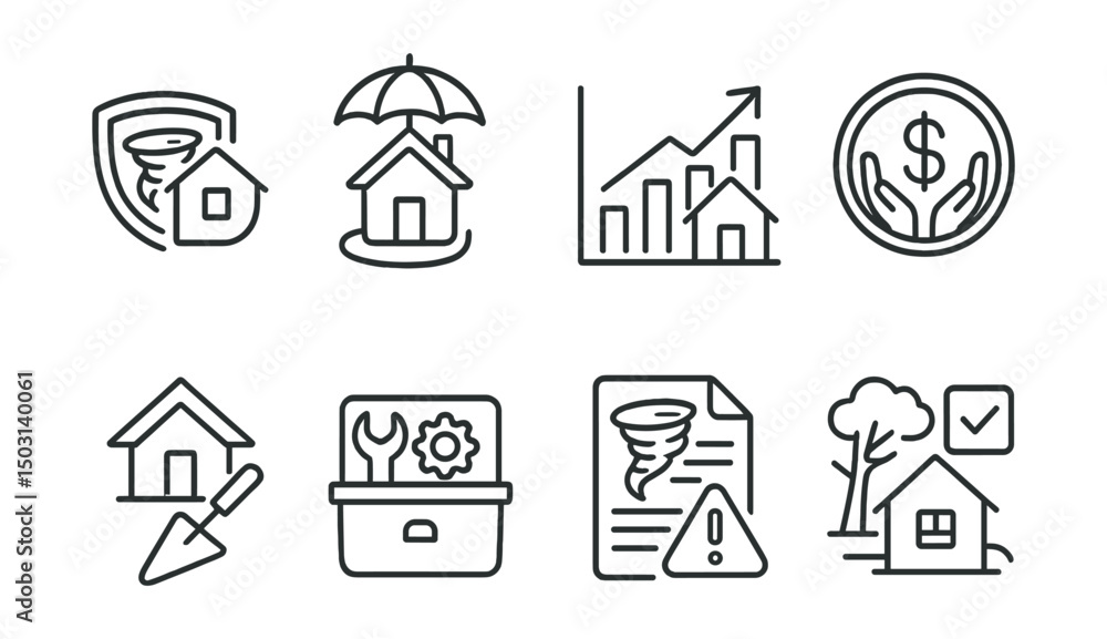Line style icons of extreme weather: disaster insurance icon, home protection plan, damage assessment chart, recovery fund badge, rebuilding support symbol, climate resilience toolkit, risk analysis Line style icons of extreme weather: disaster insurance icon, home protection plan, damage assessment chart, recovery fund badge, rebuilding support symbol, climate resilience toolkit, risk analysis