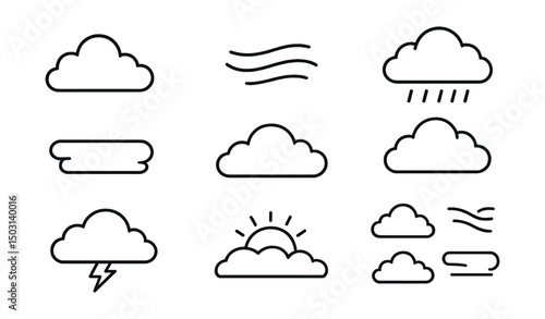 Line style icons of sky and clouds: cumulus cloud, cirrus strands, stratus layer, nimbostratus icon, storm front, sunrise haze, cloud formation guide, cloud types comparison.