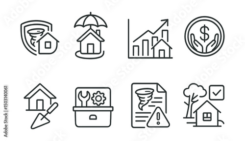 Line style icons of extreme weather: disaster insurance icon, home protection plan, damage assessment chart, recovery fund badge, rebuilding support symbol, climate resilience toolkit, risk analysis