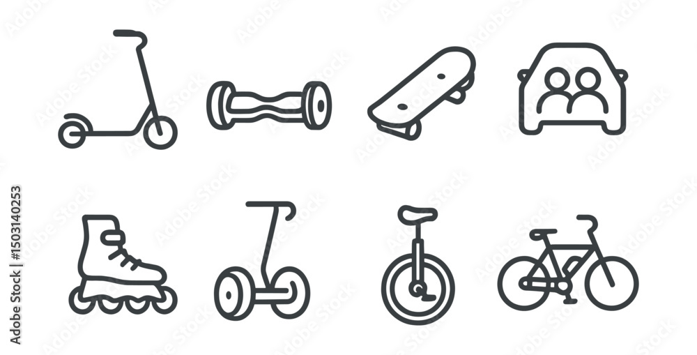 Line style icons of alternative transport: electric scooter, hoverboard, skateboard, rollerblades, segway, unicycle, e-bike, ride share symbol. Line style icons of alternative transport: electric scooter, hoverboard, skateboard, rollerblades, segway, unicycle, e-bike, ride share symbol.