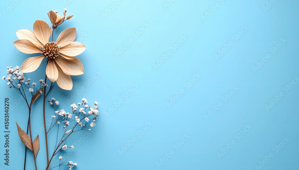 Naklejka premium Paper Flower Arrangement: Elegant beige paper flower and delicate gypsophila arrangement on a light blue background. Perfect for invitations, cards, and blogs. 