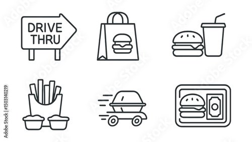 Line style icons of fast food: drive-thru sign, takeaway bag, combo meal icon, burger with drink, fries box, dipping sauces, fast delivery, cashier tray.