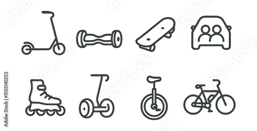 Line style icons of alternative transport: electric scooter, hoverboard, skateboard, rollerblades, segway, unicycle, e-bike, ride share symbol.
