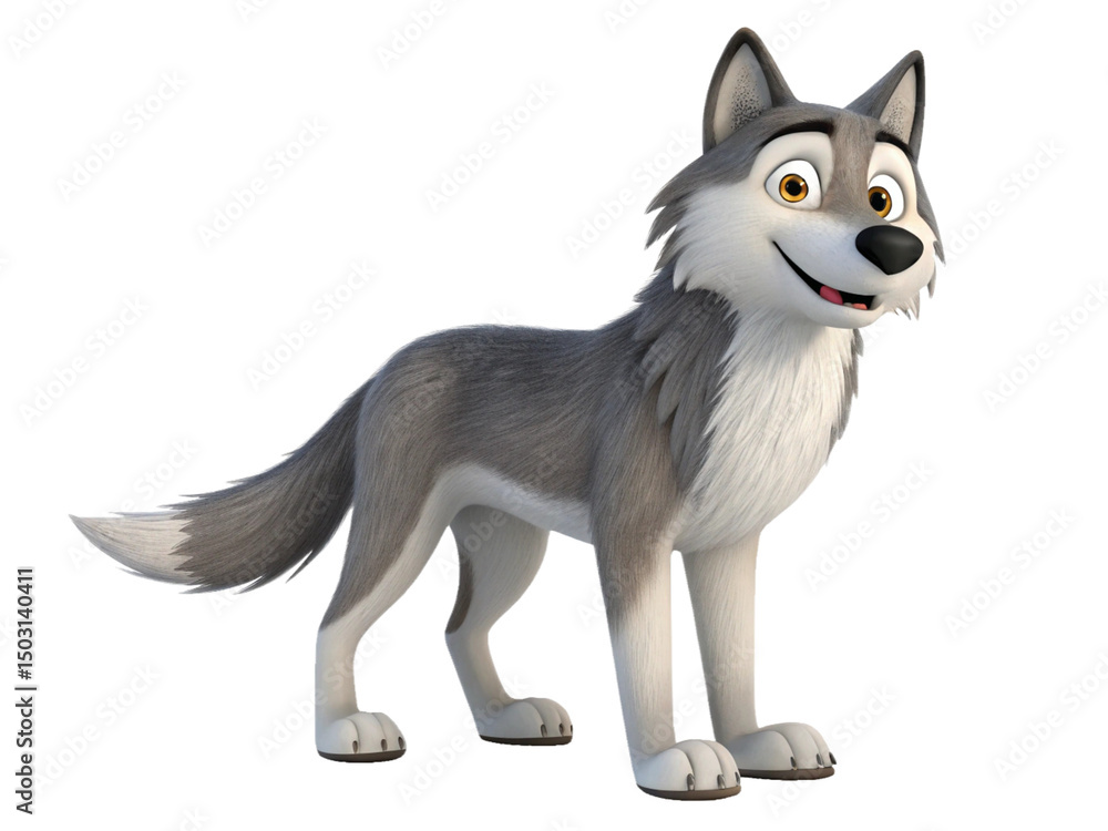 Fototapeta premium Adorable Cartoon Wolf Friendly Gray Furry Canine Character 3D Rendered Animal Illustration
