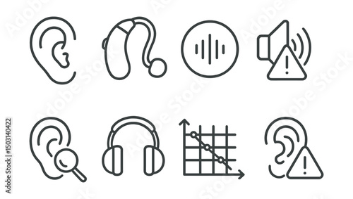 Line style icons of hearing health: ear icon, hearing aid, sound wave badge, volume limit warning, ear check exam, noise protection headset, audiogram chart, tinnitus alert.