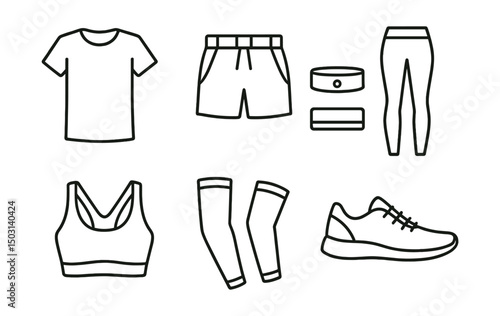 Line style icons of sportswear: sports t-shirt, running shorts, sweatband, headband, leggings, sports bra, compression sleeves, training shoes.