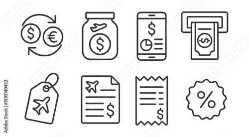 Line style icons of travel budget: currency exchange, travel savings jar, budgeting app, ATM icon, price tag, travel cost sheet, receipt icon, deal badge.