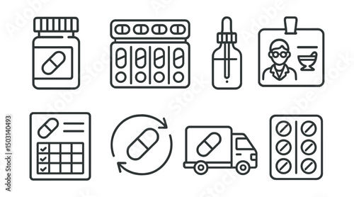 Line style icons of pharmacy and medication: prescription bottle, pill organizer, dropper bottle, pharmacist badge, dosage chart, refill reminder, medicine delivery icon, over-the-counter pack.