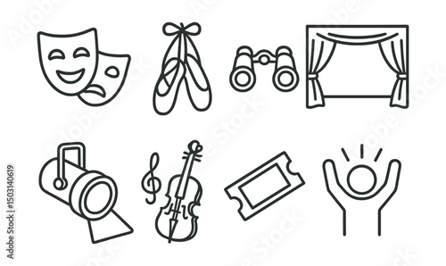 Line style icons of performing arts: theater mask, ballet shoes, opera glasses, stage curtain, spotlight icon, musical instrument, ticket stub, standing ovation.