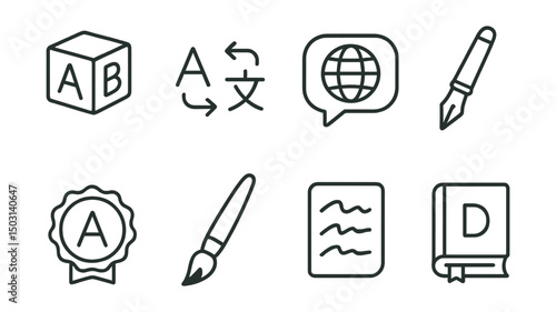 Line style icons of languages and writing: alphabet block, translation arrows, speech bubble with globe, writing pen, language learning badge, calligraphy brush, script icon, dictionary.
