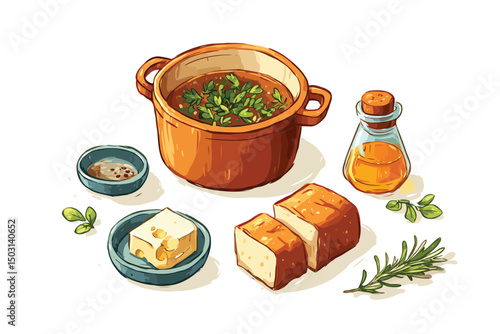 Isometric Kitchen Scene with Cheese and Bread food icons isolated