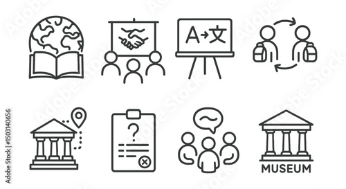 Line style icons of cultural education: world map with book, intercultural workshop, language learning board, student exchange icon, heritage program, cultural quiz, storytelling circle, museum visit