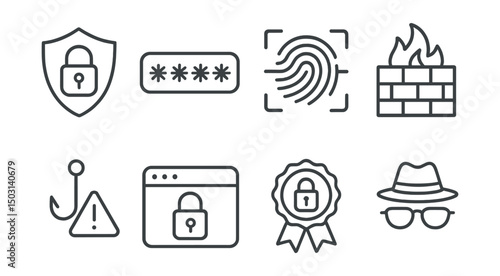 Line style icons of cybersecurity: lock shield, password field, fingerprint scanner, firewall icon, phishing alert, secure browser, data encryption badge, private mode.