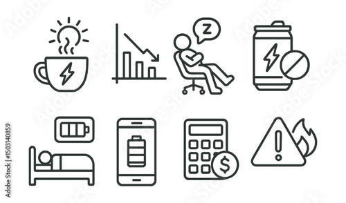 Line style icons of energy management: morning energy boost, midday slump chart, afternoon break, energy drink limit, rest and recharge icon, body battery tracker, energy budgeting, burnout alert.
