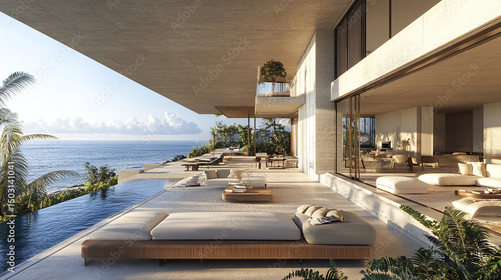 Obraz premium Luxurious oceanfront property with modern architecture and stunning views. Relaxing outdoor