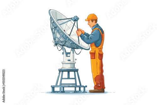 Satellite technician at work worker isolated