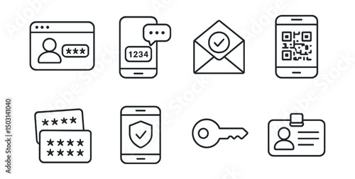 Line style icons of authentication: login with OTP, SMS code icon, email verification, QR login scan, backup codes icon, mobile authenticator, authentication key, digital ID card.