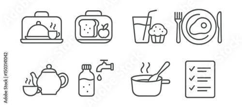 Line style icons of meal routine: breakfast tray, lunchbox, afternoon snack, dinner plate, evening tea, water refill, cooking at home, menu planner.