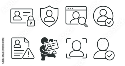 Line style icons of identity protection: ID card with lock, digital identity shield, identity verification icon, KYC process badge, fraud detection, identity theft alert, face recognition icon, real