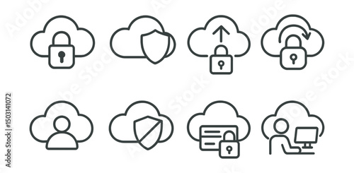 Line style icons of cloud security: cloud lock icon, cloud with shield, secure upload, cloud backup encryption, user access cloud, data loss prevention, secure cloud storage, remote access control.