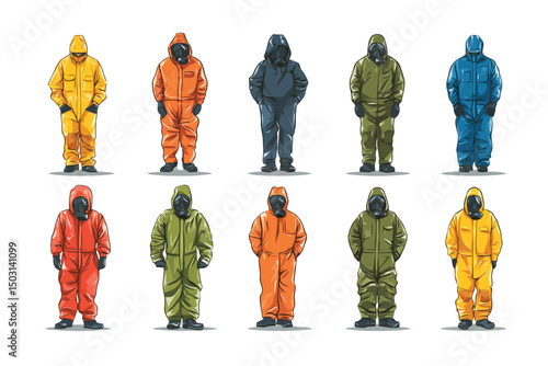 set of Hazmat worker in different colors suits illustration isolated
